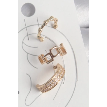 Pirinç Gold Renk Kare Model Zirkon Taşlı 3Lü Model Kadın Kıkırdak Küpe