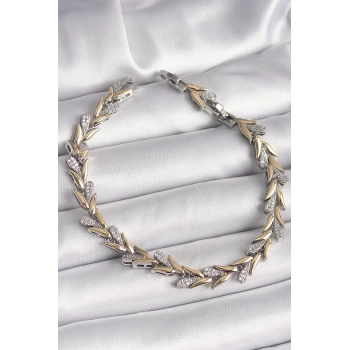 Pirinç Gold Renk Mix Renk Zirkon Taşlı Yaprak Model VIP Seri Kadın Bileklik