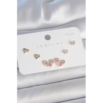 Pirinç Gold Renk Pembe Zirkon Taşlı Kalp Model 925 Ayar Gümüş Çivi Kadın Küpe Seti