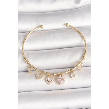 Pirinç Gold Renk Sallantı Pembe Zirkon Taşlı Kalp Figür Charm Kadın Bileklik