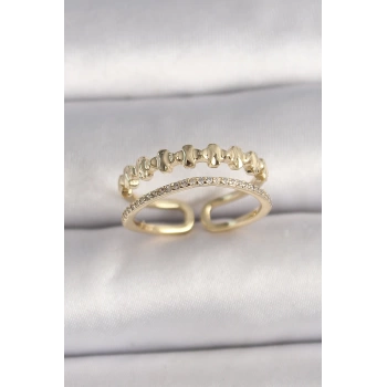 Pirinç Gold Renk Zirkon Taş Detaylı Ayarlanabilir Kadın Yüzük