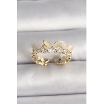 Pirinç Gold Renk Zirkon Taş Detaylı Beyaz Mineli Kelebek Model Ayarlanabilir Yüzük
