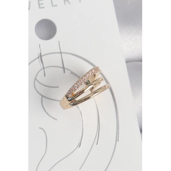 Pirinç Gold Renk Zirkon Taşlı 3Lü Sıralı Model Kadın Kıkırdak Küpe