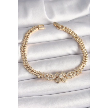 Pirinç Gold Renk Zirkon Taşlı Çiçek Figür Arpa Zincir Model Kadın Bileklik