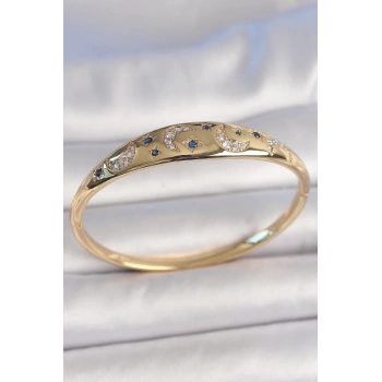 Pirinç Gold Renk Zirkon Taşlı Hilal İşleme Mavi Taşlı Yıldız Detay Kadın Kelepçe