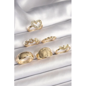 Pirinç Gold Renk Zirkon Taşlı Kalp Figür Kuş Detay 6Lı Kadın Yüzük Seti