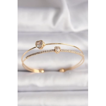 Pirinç Gold Renk Zirkon Taşlı Kalp Model Kadın Bileklik