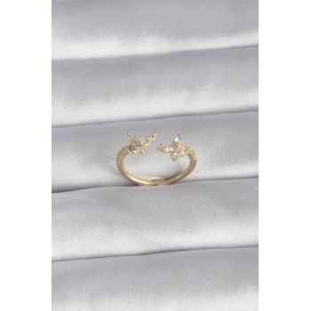 Pirinç Gold Renk Zirkon Taşlı Kelebek Model Kadın Yüzük