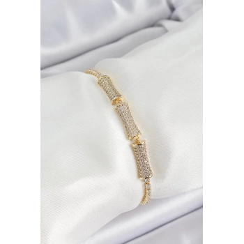 Pirinç Gold Renk Zirkon Taşlı Kemik Model Kadın Bileklik