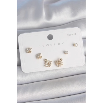 Pirinç Gold Renk Zirkon Taşlı Kuğu Model 925 Ayar Gümüş Çivi Kadın Küpe Seti