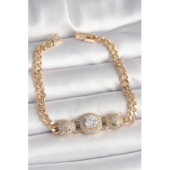 Pirinç Gold Renk Zirkon Taşlı Leopar Figür Zincir Model Kadın Bileklik