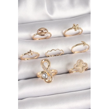 Pirinç Gold Renk Zirkon Taşlı Sonsuzluk Figür Yıldız Detay Kadın Yüzük Kombini