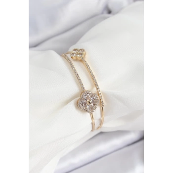 Pirinç Gold Renk Zirkon Taşlı Yonca Model 2li Kadın Bileklik