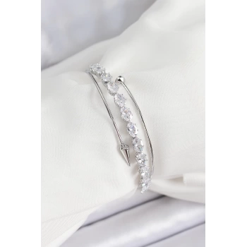 Pirinç Gümüş Renk Arpa Zirkon Taşlı Kadın Bileklik