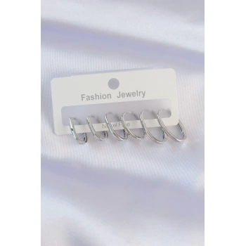 Pirinç Gümüş Renk İnce Oval Küpe Seti