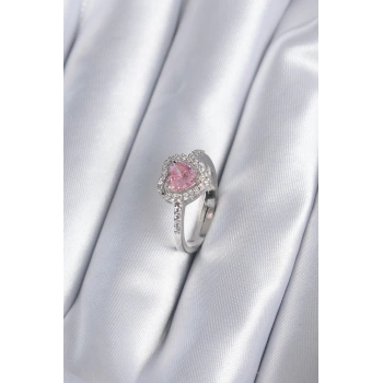Pirinç Gümüş Renk Pembe Zirkon Taş Kalp Charm Model Kadın Yüzük