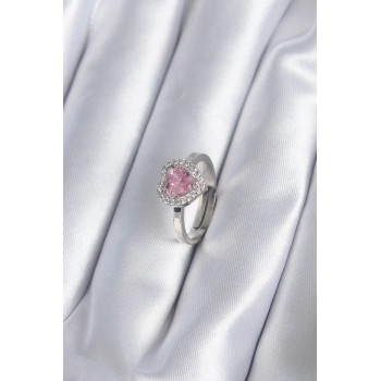 Pirinç Gümüş Renk Pembe Zirkon Taşlı Charm Model Kadın Yüzük