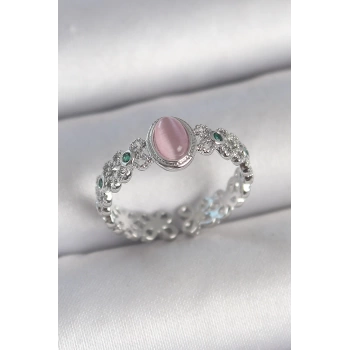 Pirinç Gümüş Renk Zirkon Taş Detaylı Pembe Mineli Damla Model Ayarlanabilir Kadın Yüzük