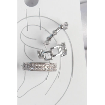Pirinç Gümüş Renk Zirkon Taşlı 3Lü Model Kare Bambu Model Kadın Kıkırdak Küpe