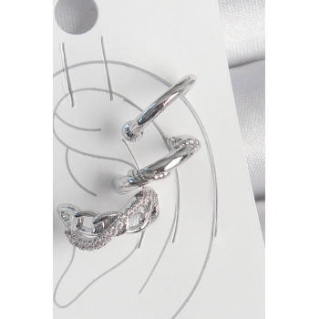 Pirinç Gümüş Renk Zirkon Taşlı 3Lü Model Sonsuzluk Zincir Model Kıkırdak Küpe