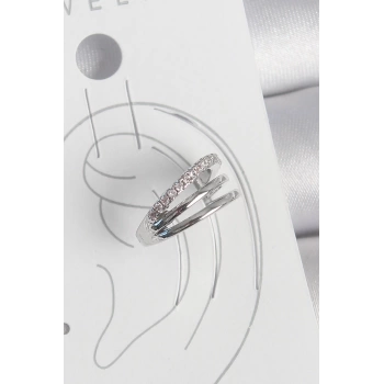 Pirinç Gümüş Renk Zirkon Taşlı 3Lü Sıralı Model Kadın Kıkırdak Küpe