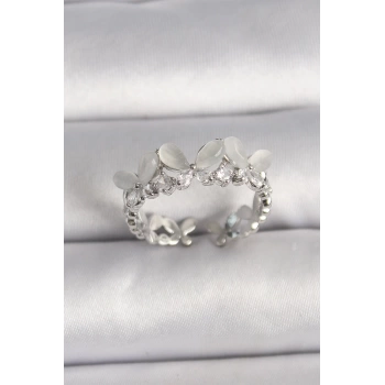 Pirinç Gümüş Renk Zirkon Taşlı Beyaz Mineli Kelebek Model Ayarlanabilir Yüzük