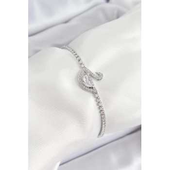 Pirinç Gümüş Renk Zirkon Taşlı Kuğu Model Kadın Bileklik