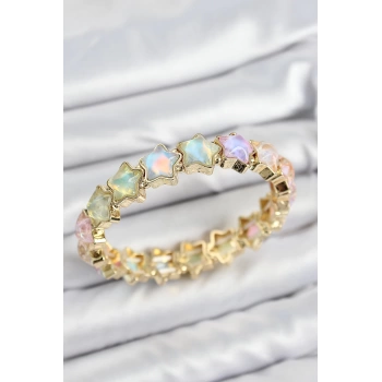 Pirinç Hologram Yıldız Model Gold Renk Lastikli Kadın Bileklik