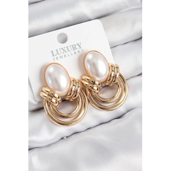 Pirinç İnci Detaylı Vintage Model Gold Renk Kadın Küpe
