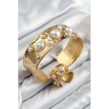 Pirinç İncili Model Gold Renk Bileklik Yüzük Set