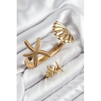 Pirinç İstiridye Ve Deniz Yıldızı Model Gold Renk Bileklik Yüzük Set