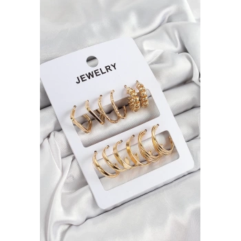 Pirinç Karışık Halka Model Gold Renk 6 Çift Kadın Küpe Set
