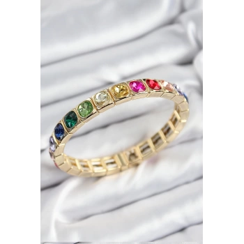 Pirinç Karışık Zirkon Taşlı Kare Model Gold Renk Lastikli Kadın Bileklik