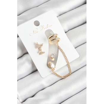 Pirinç Kelebek Figürlü Zirkon Taşlı Gold Renk 3lü Kıkırdak Kadın Küpe Set