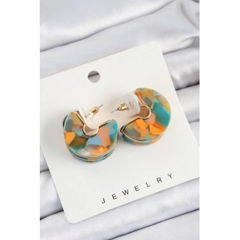 Pirinç Mermer Desenli Vintage Yarım Halka Model Gold Renk Kadın Küpe