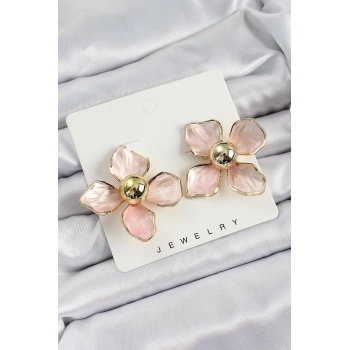Pirinç Pembe Çiçek Vintage Model Gold Renk Kadın Küpe