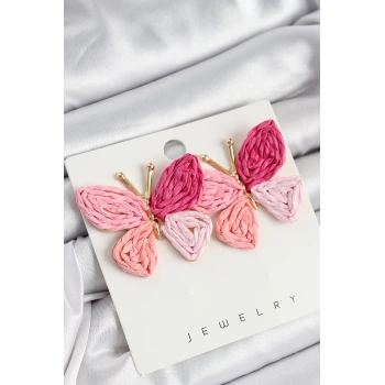 Pirinç Pembe Kelebek Model Gold Renk Kadın Hasır Küpe