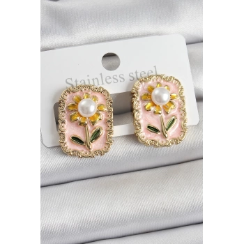 Pirinç Pembe Mineli Papatya Figürlü Sanatsal Portre Model Gold Renk Kadın Küpe