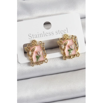 Pirinç Pembe Mineli Sanatsal Portre Model Gold Renk Kadın Küpe