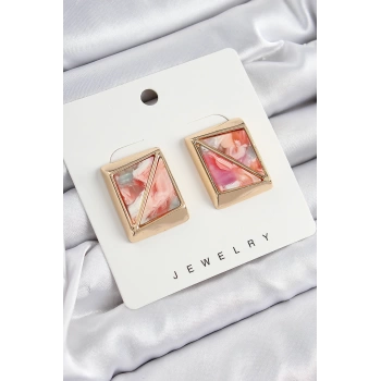 Pirinç Pembe Üçgen Kesim Detaylı Kare Model Vintage Gold Renk Kadın Küpe