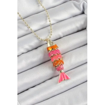 Pirinç Pembe Ve Turuncu Balık Model Zirkon Taşlı Gold Renk Kadın Kolye