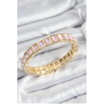 Pirinç Pembe Zirkon Taşlı Dikdörtgen Model Gold Renk Lastikli Kadın Bileklik