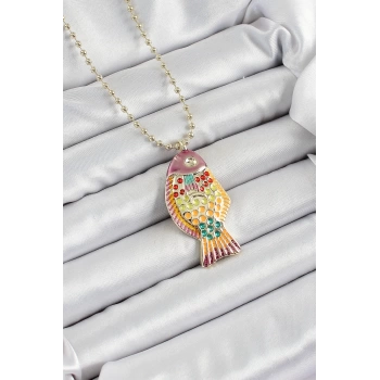 Pirinç Rainbow Balık Model Zirkon Taşlı Gold Renk Kadın Kolye