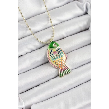Pirinç Rainbow Balık Model Zirkon Taşlı Gold Renk Kadın Kolye