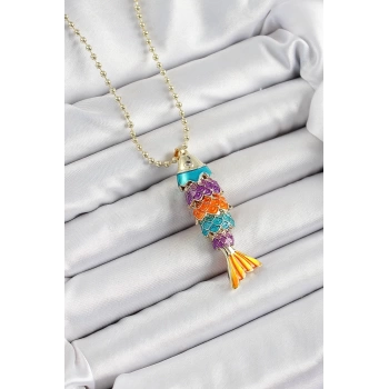 Pirinç Rainbow Balık Model Zirkon Taşlı Gold Renk Kadın Kolye