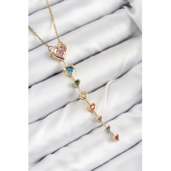 Pirinç Renkli Zirkon Taşlı Kalp Model Gold Renk Kadın Y Kolye