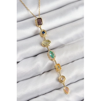 Pirinç Renkli Zirkon Taşlı Model Gold Renk Kadın Y Kolye