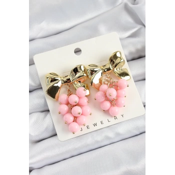 Pirinç Sallantılı Pembe Boncuklu Fiyonk Vintage Model Gold Renk Kadın Küpe
