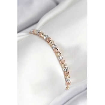 Pirinç Sıralı Boncuk Model Gold Gümüş Roz Renk Asansörlü Kadın Bileklik