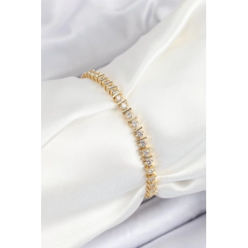 Pirinç Sıralı Çit Model Zirkon Taşlı Gold Renk VİP Seri Kadın Bileklik